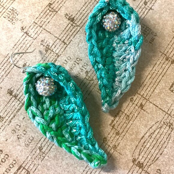 SUMMER LEAF EARRINGS Handmade Blue & Green Fiber with Rhinestone Beads - Picture 1 of 9